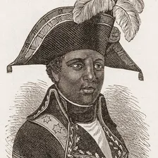 Grabado de época de Toussaint Louverture con uniforme militar y sombrero de dos picos.
